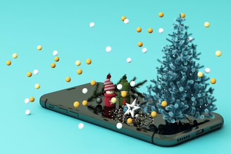 mobile phone with Christmas decorations. Christmas tree and gifts beside on green background. 3d...