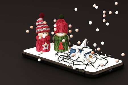 mobile phone with Christmas decorations. Christmas tree and gifts beside on black background. 3d...