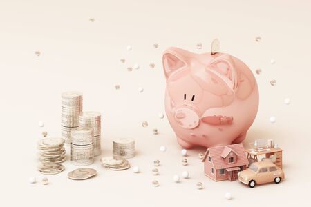 Picky bank and coin, for invest money, Ideas for saving money for future use. with working table and...