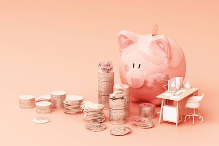 Picky bank and coin, for invest money, Ideas for saving money for future use. with working table and...