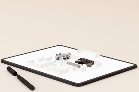 interior design concept: businessman with a tablet with interior design app on the screen. 3d...