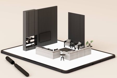 interior design concept: businessman with a tablet with interior design app on the screen. 3d renderingの写真素材