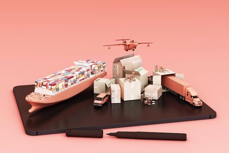 3D rendering of the crate box surrounded by cardboard boxes, a cargo container ship, a flying plan,...