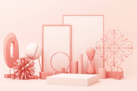 abstract geometric shape pastel pink color scene minimal with decoration and prop, design for cosmetic or product display podium 3d renderの写真素材