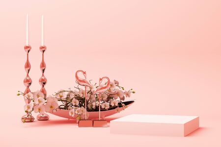 abstract geometric shape pastel pink color scene minimal with decoration and prop, design for cosmetic or product display podium 3d renderの写真素材
