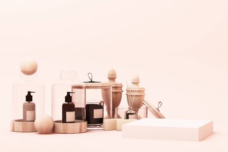 abstract geometric shape pastel pink color scene minimal with decoration and prop, design for cosmetic or product display podium 3d renderの写真素材