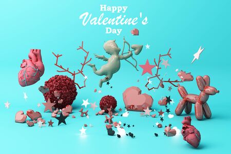 Valentine's day concept background with red and pink hearts star rose with white square frame and love decoration 3d renderingの写真素材