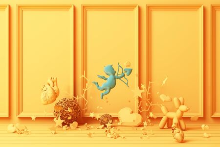 Valentine's day concept yellow decorate wall background with blue hearts with blue star and decoration 3d renderingの写真素材