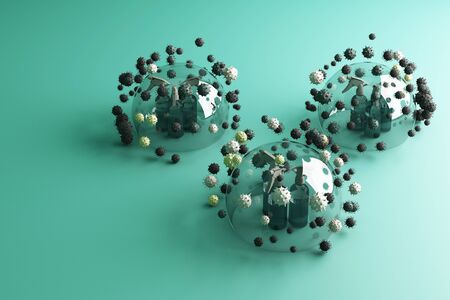 MERS-Cov, COVID-19, Novel coronavirus, 2019-nCoV, virus being killed by spray, disinfectant solution, bottle spray surrounding by a lot of colorful virus in green background 3d renderingの写真素材