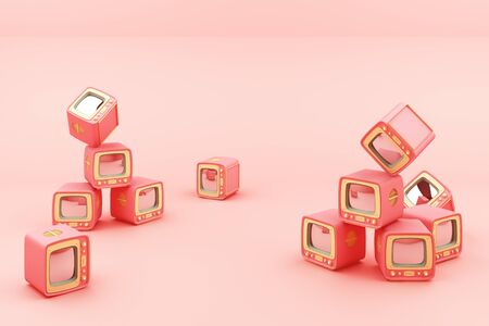 old television in pink colour 3d renderingの写真素材