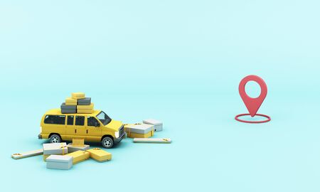 Express delivery concept  Delivery yellow  van with location mobile application E-commerce concept...