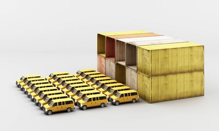 world wide cargo container transport concept in yellow tone colour with truck and van 3d rendering 