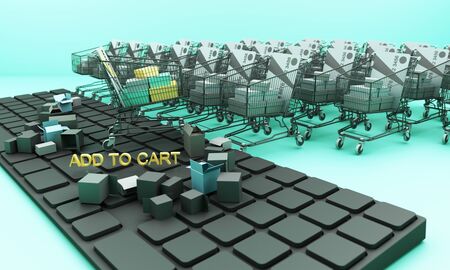 shopping cart on a keyboard with shopping bag and credit card, Ideas about e-commerce, e-commerce or electronic commerce is a transaction of buying or selling goods or services online over the internet 3d renderingの写真素材
