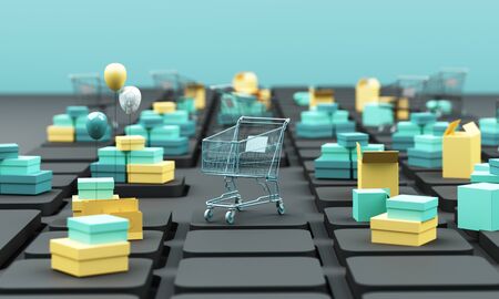 shopping cart on a keyboard with shopping bag and credit card, Ideas about e-commerce, e-commerce or electronic commerce is a transaction of buying or selling goods or services online over the internet 3d renderingの写真素材