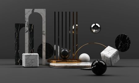black and white marble texture geometric shape and gold with stainless object group set 3d render...