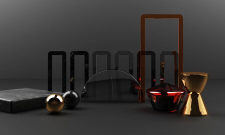 Black marble texture geometric shape and gold with stainless with colour glass object group set 3d render abstract scene blank podium with black backgroundの写真素材