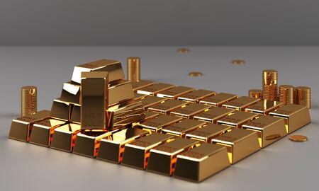 Gold bars, coins and riches with marble texture geometric 3d rendering の写真素材