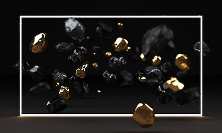 3d rendering of black marble pedestal isolated on black background, round gold freeform rock,...