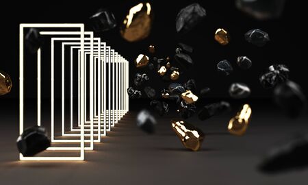 3d rendering of black marble pedestal isolated on black background, round gold freeform rock,...