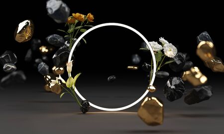 Bright glow from geometric shapes, neon cyberpunk background with red flower 3d rendering