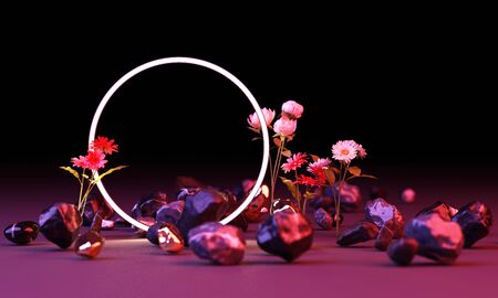 Bright red and blue color glow from geometric shapes, neon cyberpunk background with red flower 3d...