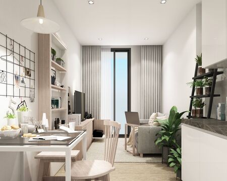 modern living room in condominium with modern contemporary style interior and wooder floor with furniture built in 3d renderingの販売画像