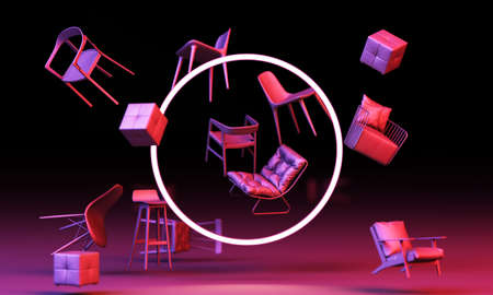 chairs in empty with circle white LED and Purple lighting on black background. Concept of minimalism & installation art. 3d rendering mock upの写真素材
