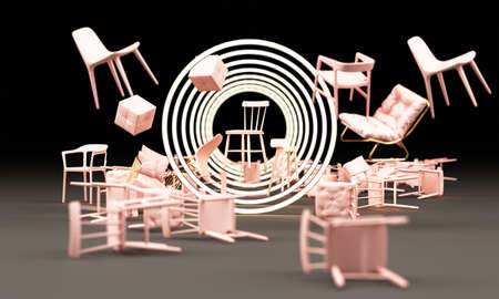 chairs in empty with circle white LED and warm lighting on black background. Concept of minimalism &...