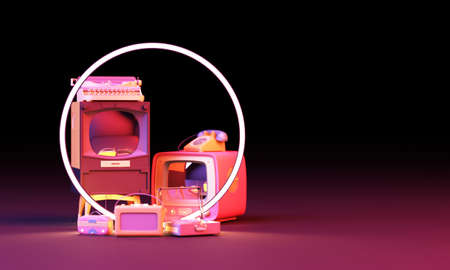 old television in pink colour and old stuff writer radio scooter bicycle in colorful pastel with...