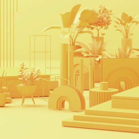 3d rendered illustration with geometric shapes. Pastel colors platforms for product presentation. tropical plant leaf tree pot. Abstract composition in modern style. Minimalist design with empty space.の写真素材