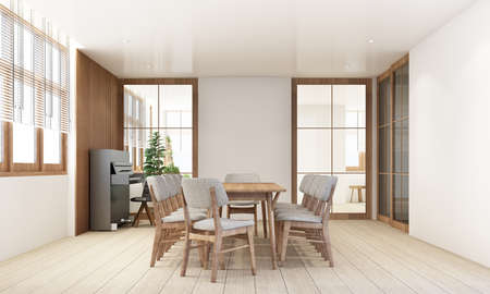 Dining area in modern contemporary style interior design with wooden window frame and sheer with...