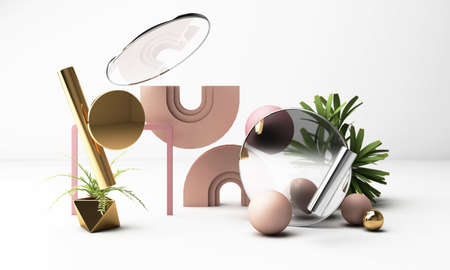 3d render white background with geometric shapes. Gold and pink pastel color black glass Simply...