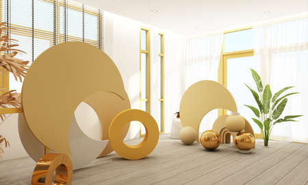 3d render pastel background with geometric shapes. Gold and pastel color black glass Simply trendy...