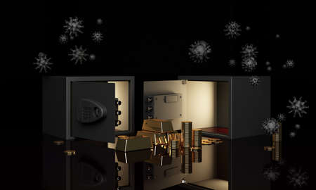 Realistic 3D render illustration of an open safe with gold bars and coin surrounding by a lot of...
