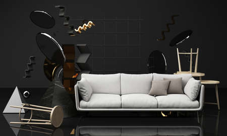 A lot of Chairs and coffee table wooden texture with fabric in black colour tone background and...