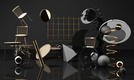 A lot of Chairs and coffee table wooden texture with fabric in black colour tone background and...