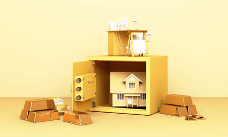 Thinking about home, car and work with an open safe box and gold bar in yellow pastel colour the...