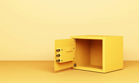 Realistic 3D render illustration of an open safe box on yellow toneの写真素材