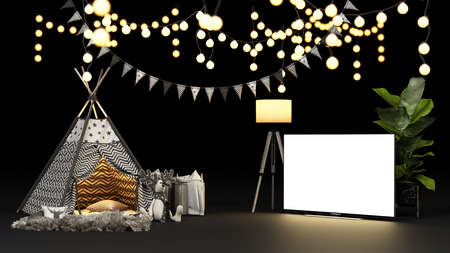 Camping tent and lighting with a TV screen to hold the desired content for home quarantine during...