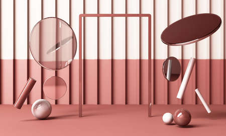 Pink Lattice wall background with geometric shape podium for product. 3D Rendering