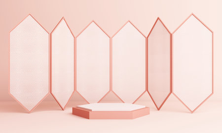 Abstract pink Composition with Podium. Minimal Studio with Round Pedestal and Copy Space , geometric shape pastel, 3d renderingの写真素材