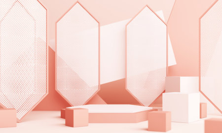 Abstract pink Composition with Podium. Minimal Studio with Round Pedestal and Copy Space , geometric shape pastel, 3d renderingの写真素材