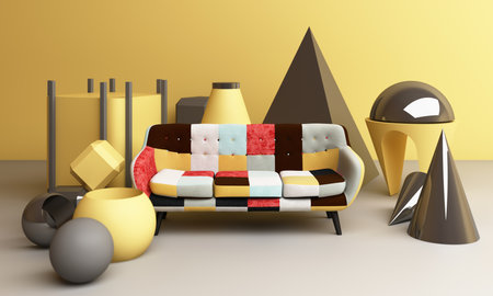 yellow and gray geometric shape with sofa 3d renderingの写真素材