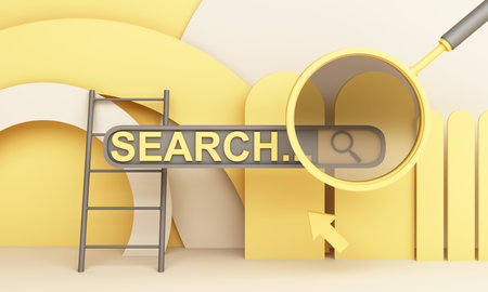 Yellow information search bar With a magnifying glass and stairs on a yellow and gray background 3d renderingの写真素材