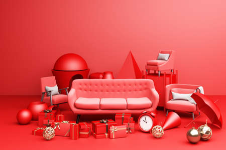 Red sofa and a lot of giftbox and geometric shape on red background 3d renderingの写真素材