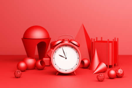Red Alarm Clock with red geometric shape on a red background. 3d Renderingの写真素材