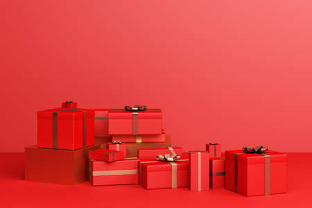 Red a lot of gift box on a red background. 3d Renderingの写真素材