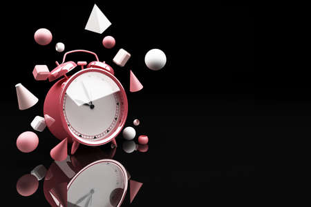 pink Alarm Clock surrounding by a lot of geometric shape pink 3d rendering