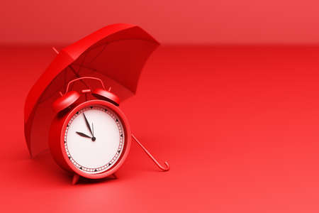 Red Alarm Clock with umbrella on a red background. 3d Rendering