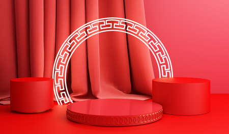 Chinese new year, Golden podium display mockup on red abstract background with geometric shape and curtain product minimal presentation, 3d rendering.の写真素材